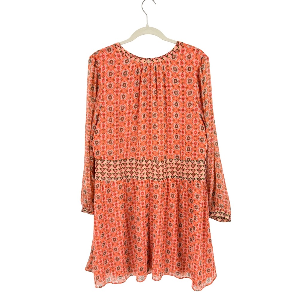LOFT Geometric Print Long Sleeve Mini Dress Orange XL‎ Boho Medallion Peasant - Picture 2 of 7